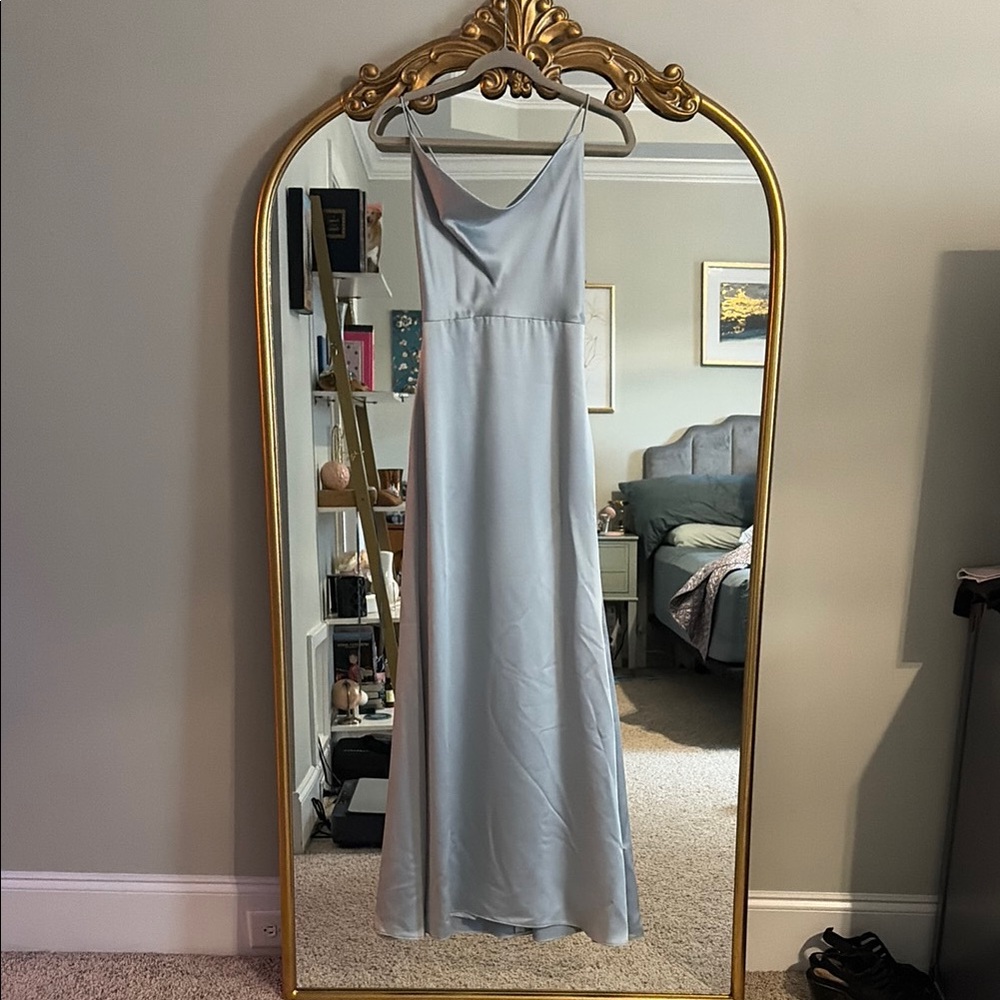 Elegant Light Blue Satin Slip Dress with Cowl Neck